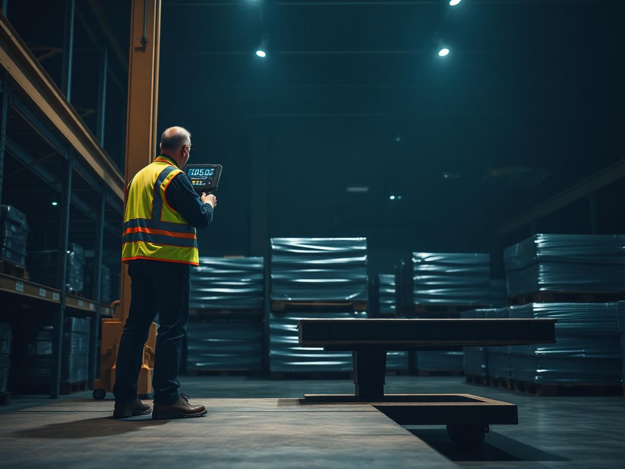 Universal Weight technician inspecting an industrial platform scale in a warehouse
